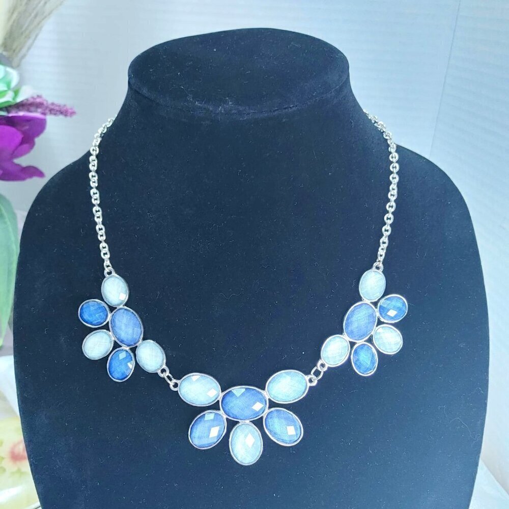 Necklace GLACIAL Boho Statement Blue Beads Silver Tone 16 Inch